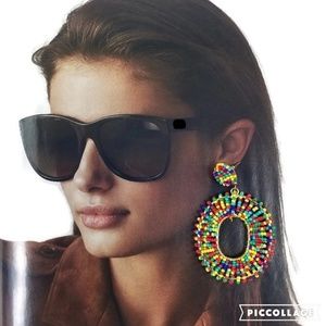 Treasure Multicolor Seed Bead Oval Stud Earrings 7.5cm x 4.5cm